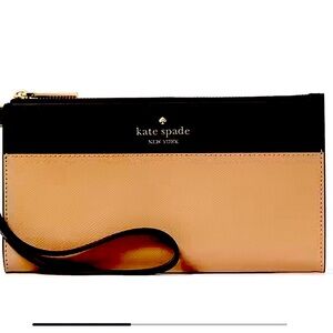 Kate Spade Black and Dark Almond Colorblock Double Zipper Wristlet.